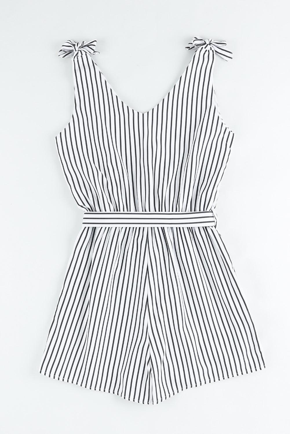 White Striped Print V Neck Sleeveless Belted Romper - Vesteeto