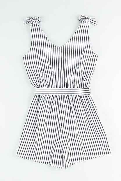 White Striped Print V Neck Sleeveless Belted Romper - Vesteeto