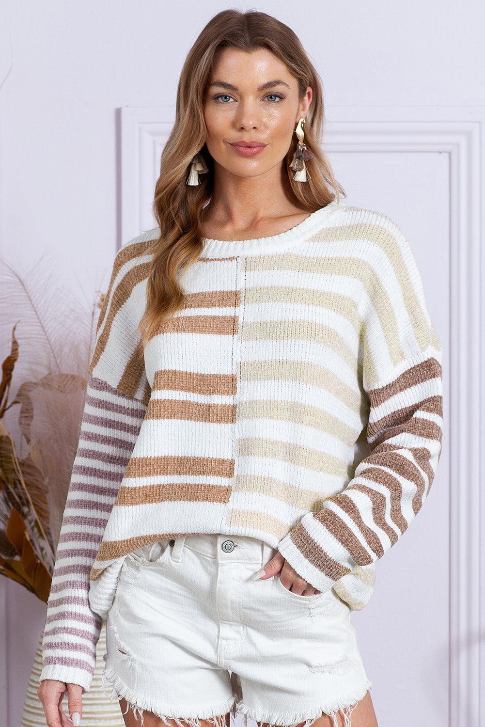Color Block Drop Shoulder Pullover Striped Sweater - Vesteeto