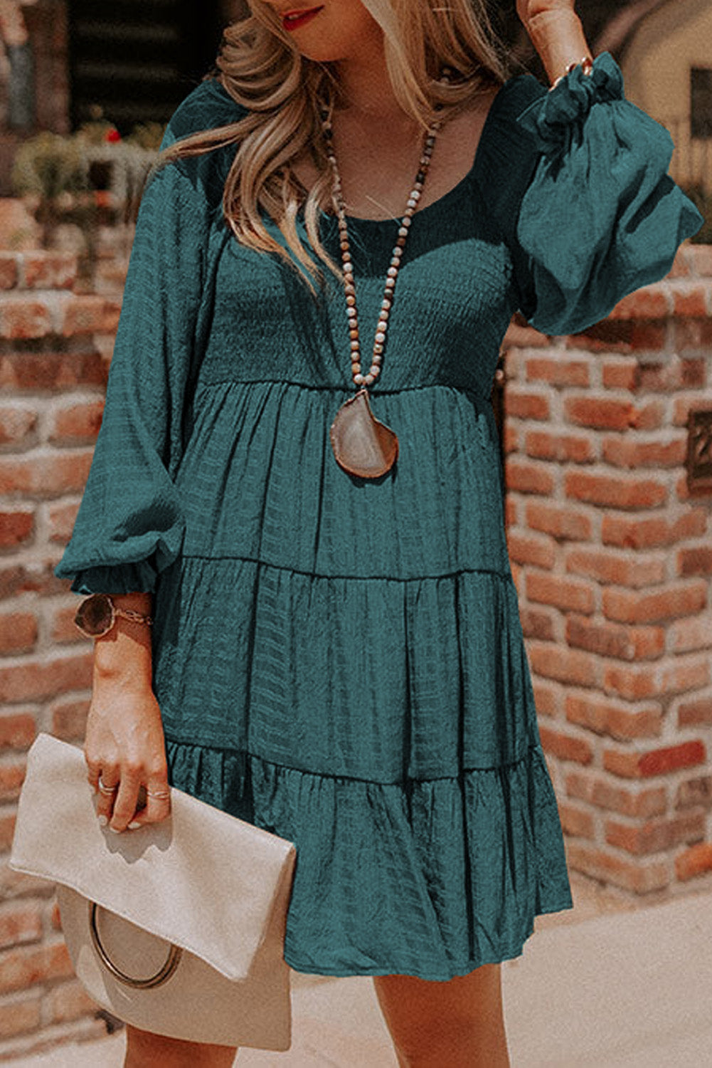 Brown Long Sleeve Smocked Tiered Boho Dress 