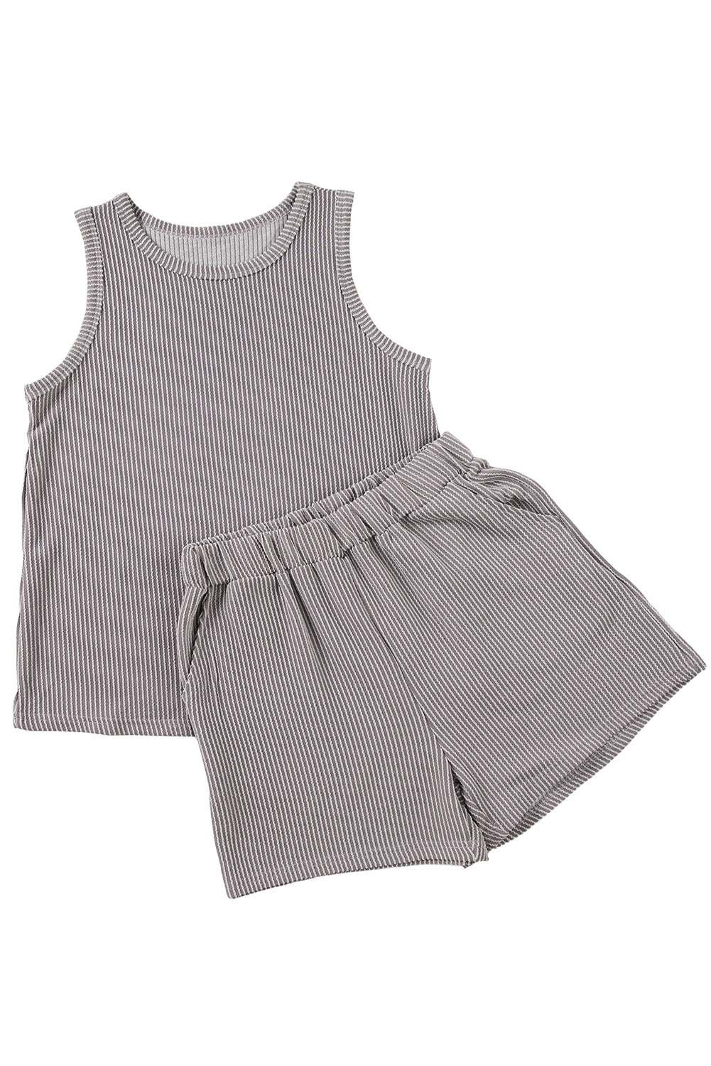 Smoke Gray Corded Tank Top and Pocketed Shorts Set 