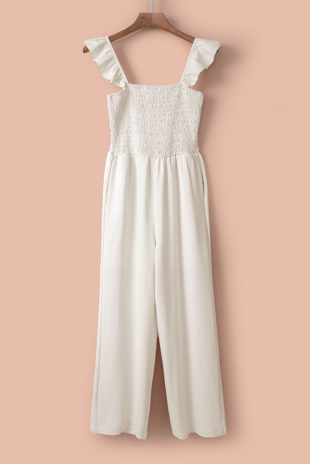 White Smocked Ruffle Strap Pocket Wide Leg Jumpsuit 