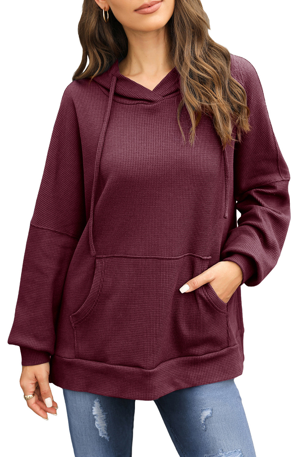 Coffee Waffle Knit High Low Oversized Hoodie 