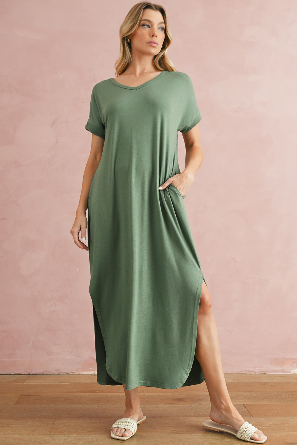 Grass Green Solid Color Hidden Pocket V Neck Slit Maxi Dress 