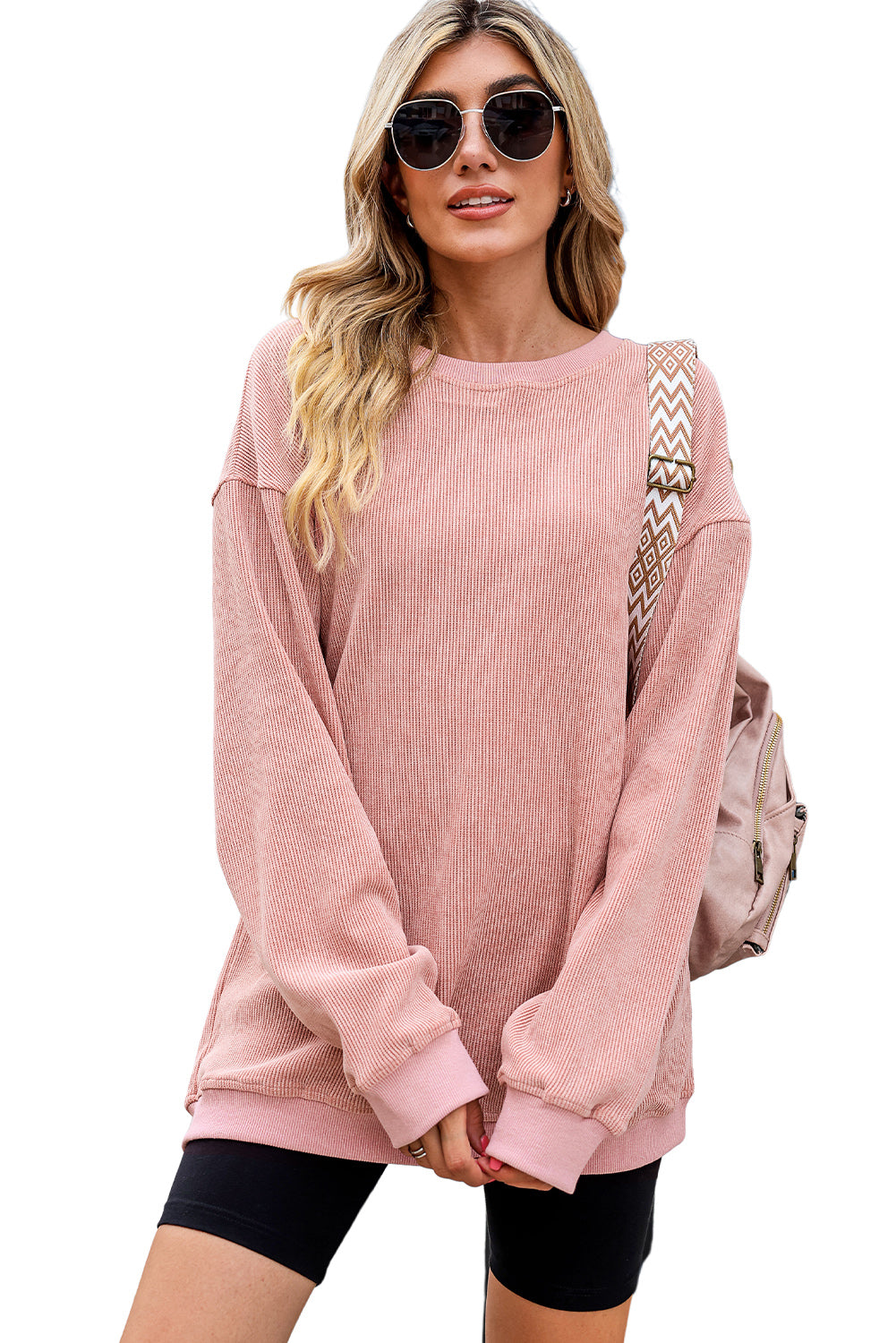 Pink Solid Ribbed Round Neck Pullover Sweatshirt 