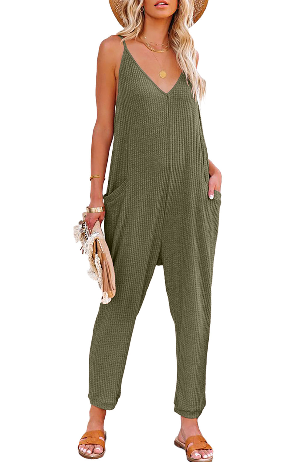 Blue Casual Textured Sleeveless V-Neck Pocketed Jumpsuit