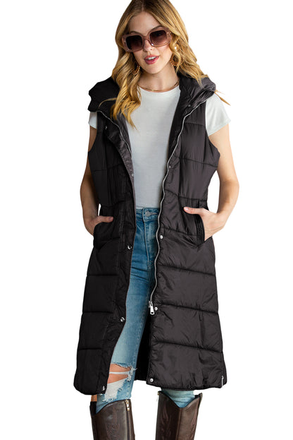 Dark Grey Hooded Pocketed Quilted Long Vest Coat 