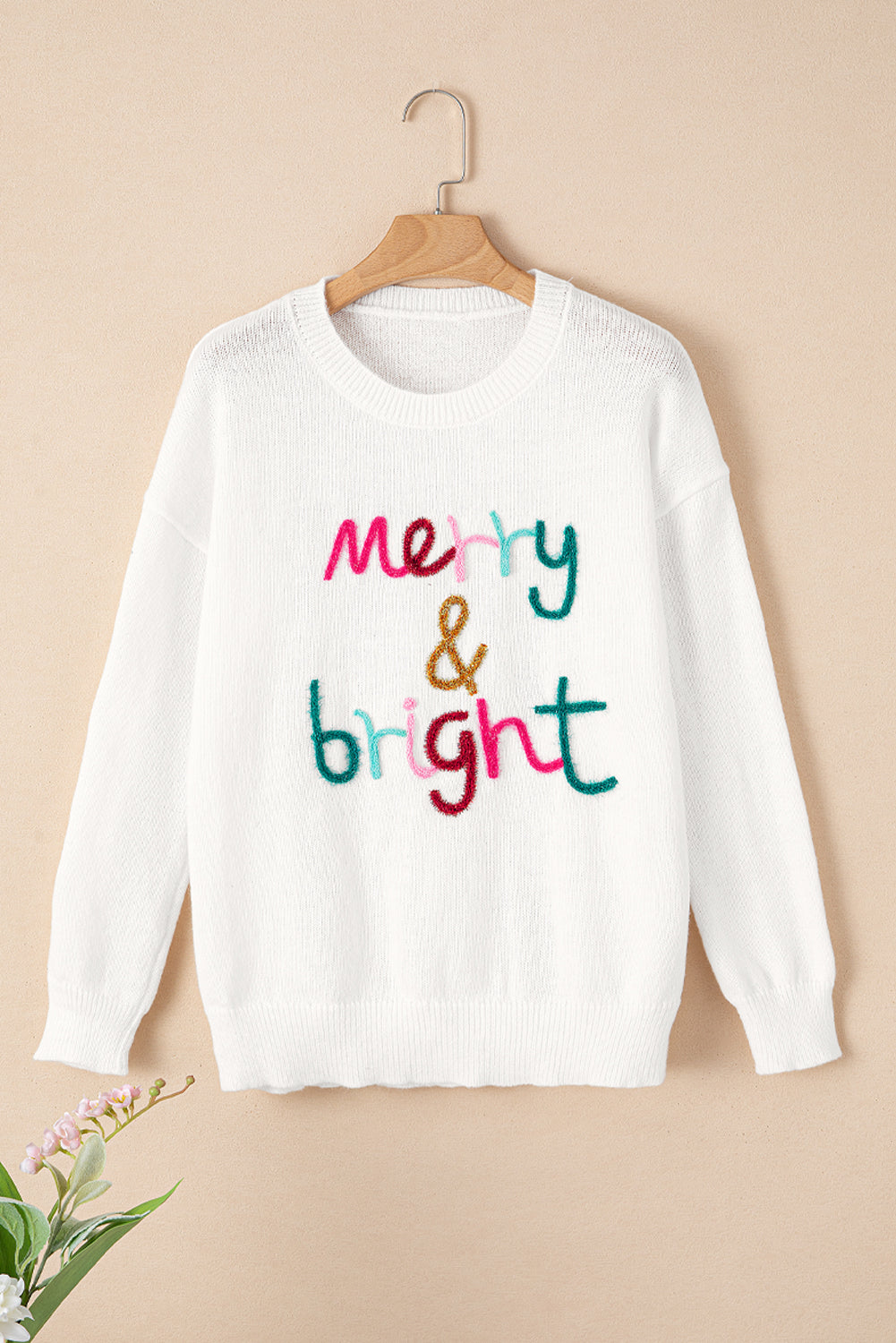 White Glitter Merry & Bright Round Neck Knit Sweater 