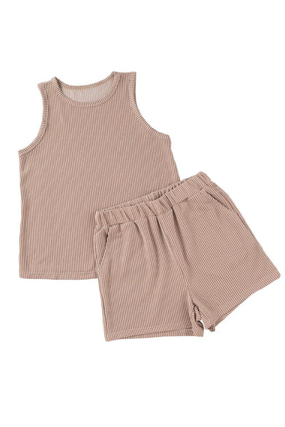 Smoke Gray Corded Tank Top and Pocketed Shorts Set 