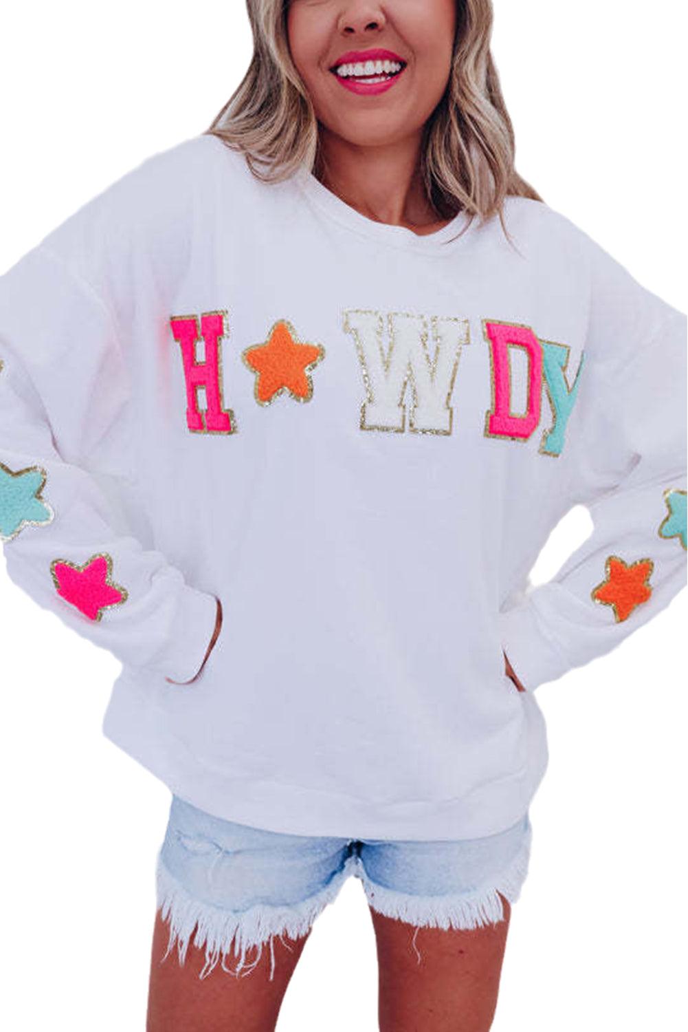 White Glitter Howdy Patch Casual Star Sweatshirt - Vesteeto