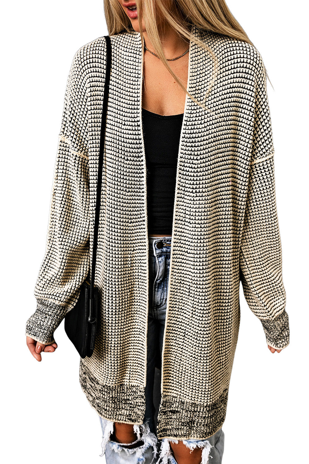 Pink Plaid Contrast Trim Casual Knit Long Cardigan 