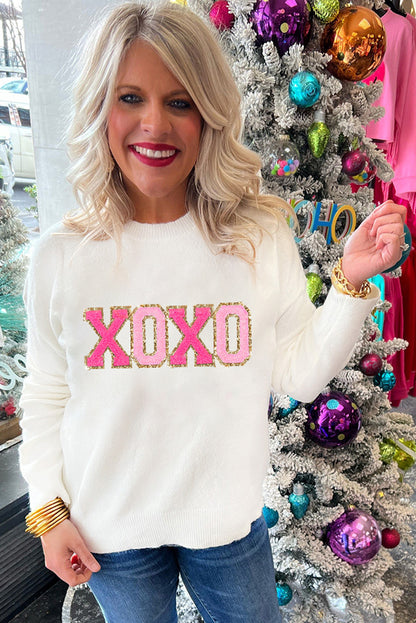 White Glitter Merry & Bright Round Neck Knit Sweater 