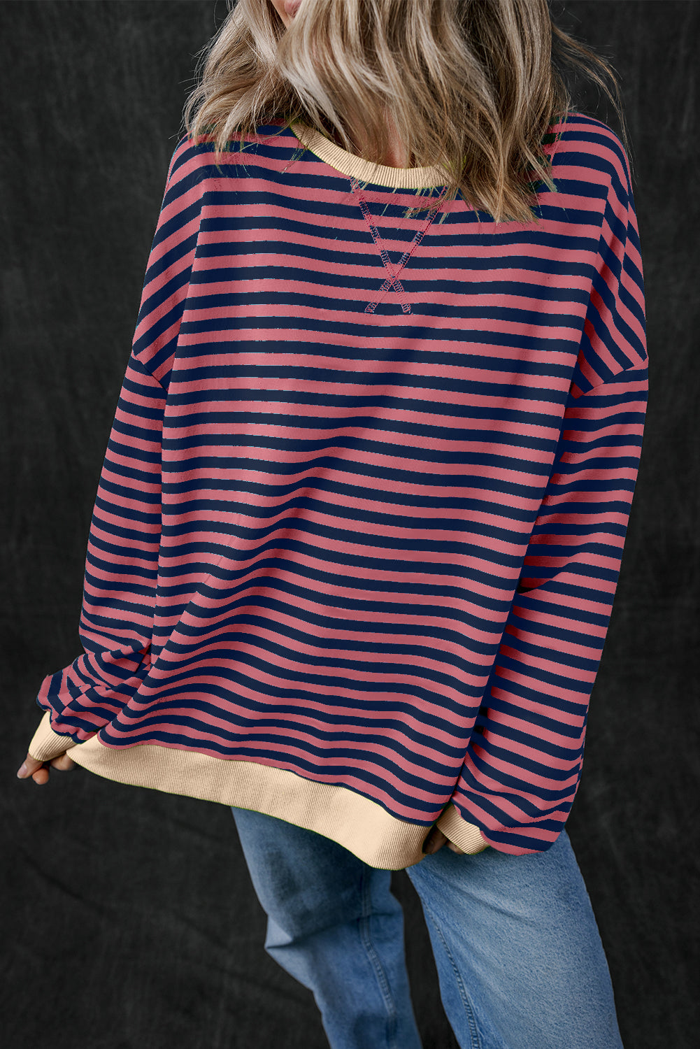 Blue Stripe Contrast Edge Cross Seam Oversized Pullover 