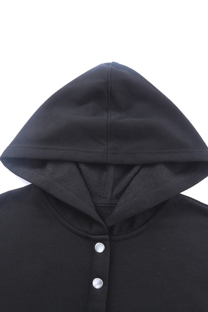 Black Casual Pocketed Batwing Sleeve Henley Hoodie 