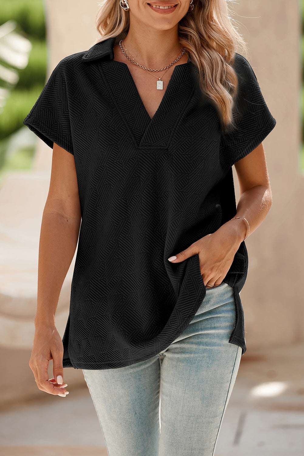 Black Textured V Neck Collared Slit Hem T Shirt - Stylish Top - Vesteeto