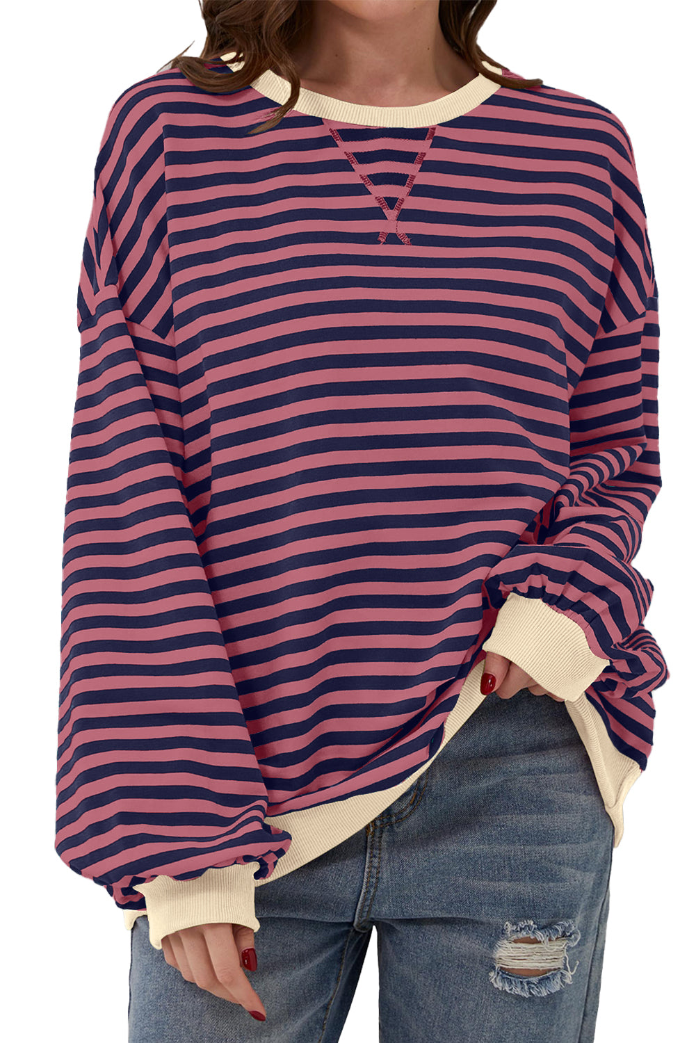 Blue Stripe Contrast Edge Cross Seam Oversized Pullover 