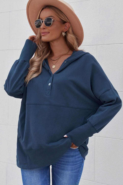 Light Blue Casual Batwing Sleeve Pocket Henley Hoodie 