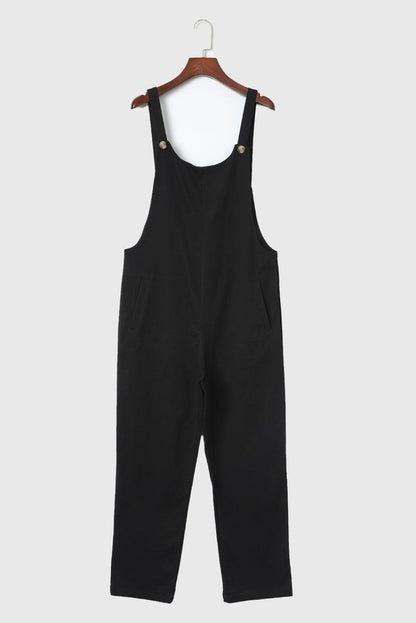 Black Button Straps Pocketed Cropped Jumpsuit - Vesteeto