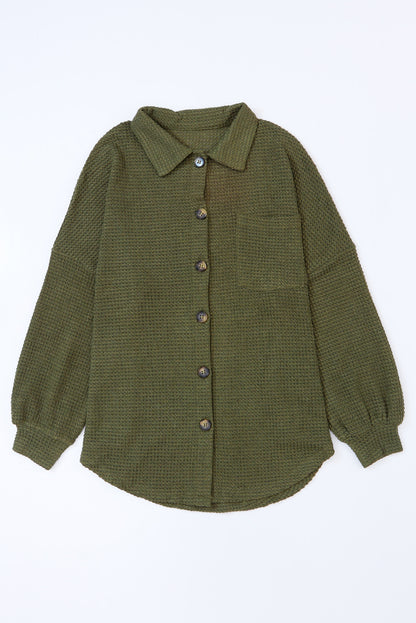 Green Waffle Knit Pocket Button Front Shacket 