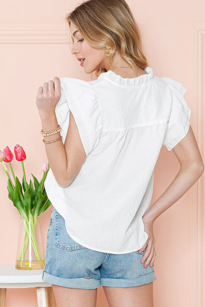 White Basic Textured Tiered Ruffle Sleeve Blouse for Women 