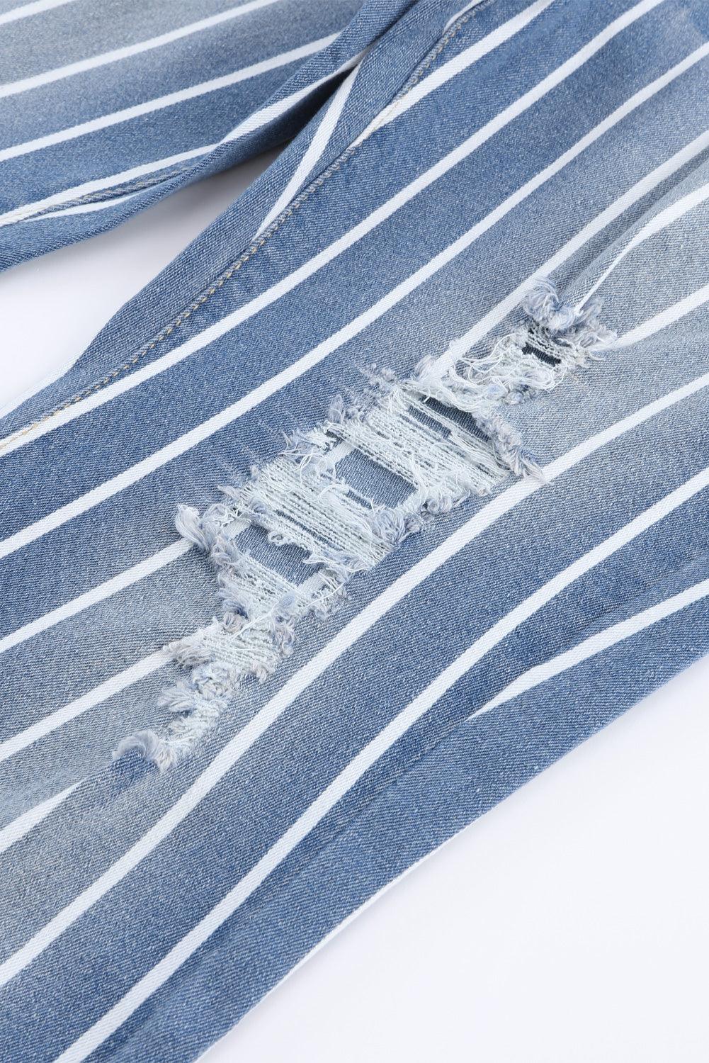 Sky Blue Vertical Striped Ripped Flare Jeans - Vesteeto