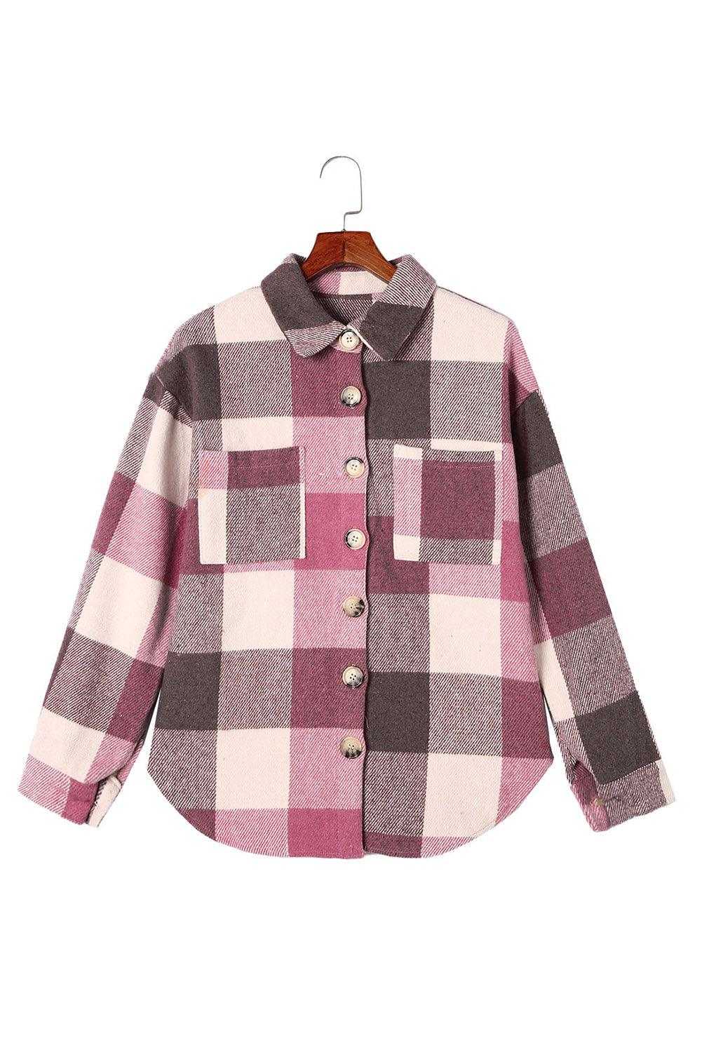 Plaid Color Block Buttoned Pocket Long Sleeve Shacket 