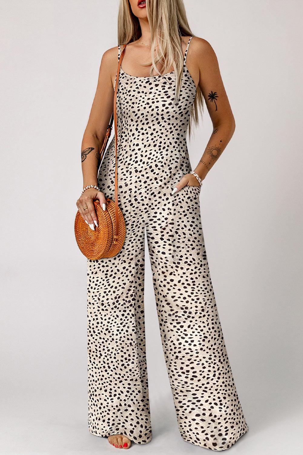 Khaki Leopard Print Spaghetti Strap U Neck Wide Leg Jumpsuit - Vesteeto
