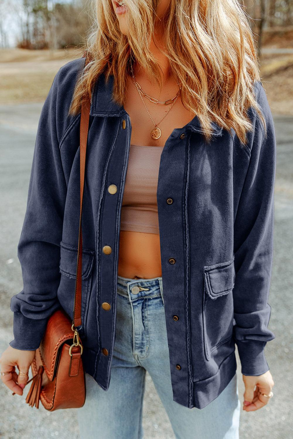 Dark Blue Snap Button Casual Flap Pockets Jacket 