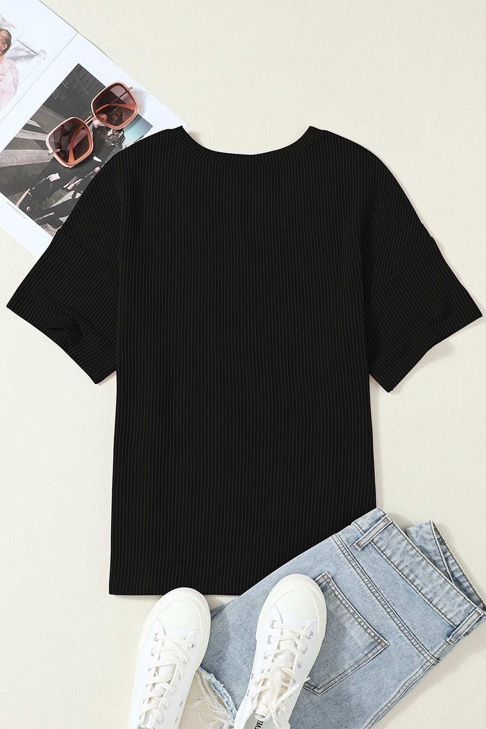 Valerian Ribbed V Neck Pocket Drop Sleeve T-Shirt 