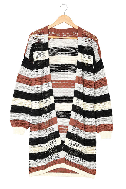 Green Striped Color Block Casual Cutout Knit Cardigan 