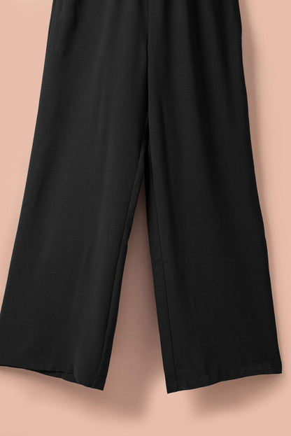 Black Smocked Ruffle Strap Pocket Wide Leg Jumpsuit - Vesteeto