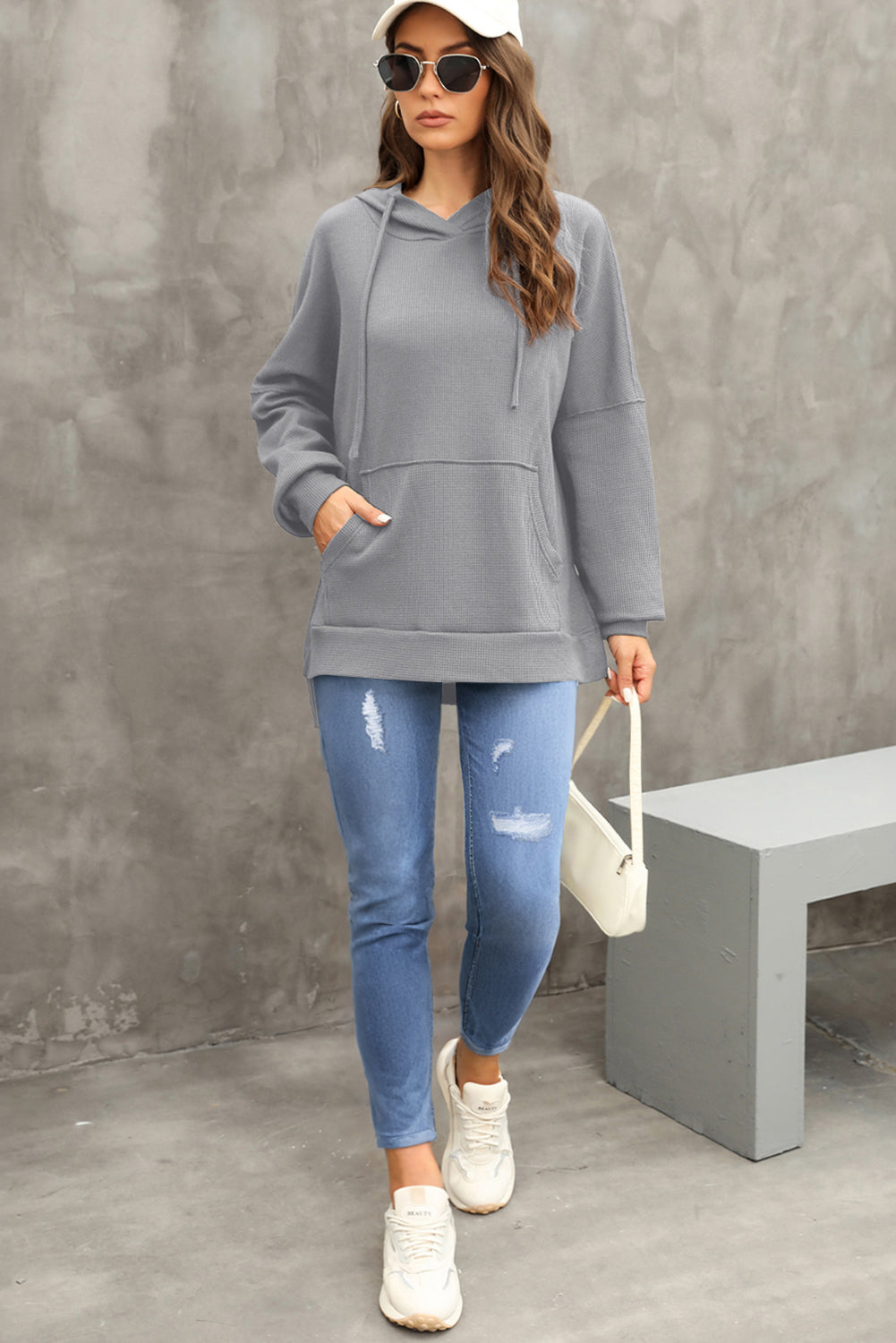 Coffee Waffle Knit High Low Oversized Hoodie 