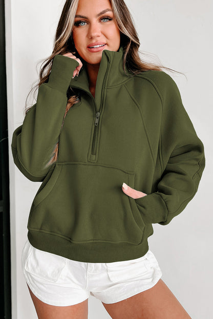 Smoke Green Zip Up Stand Collar Ribbed Thumbhole Sleeve Sweatshirt 