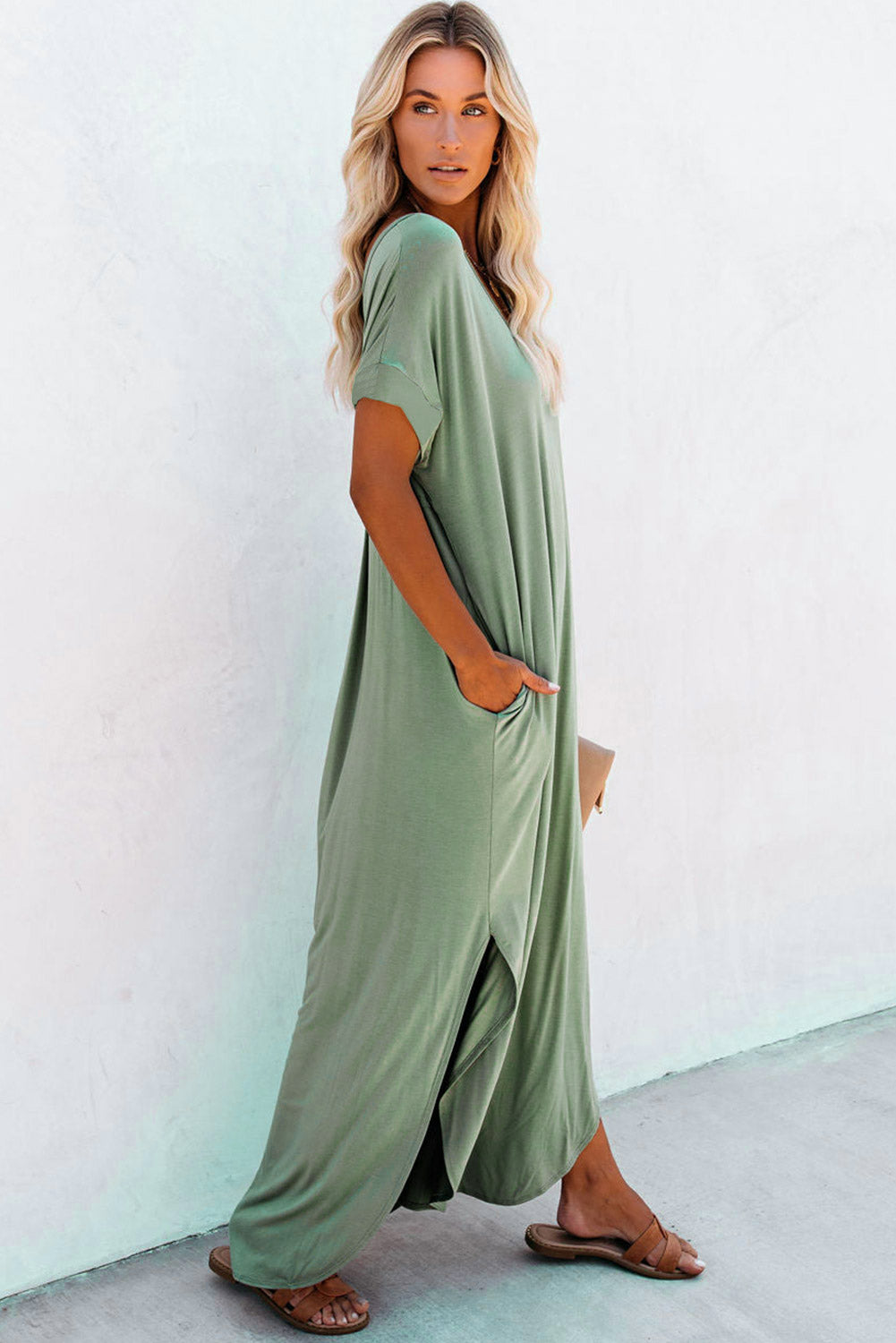 Grass Green Solid Color Hidden Pocket V Neck Slit Maxi Dress 