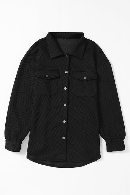 Black Solid Textured Flap Pocket Buttoned Shacket 