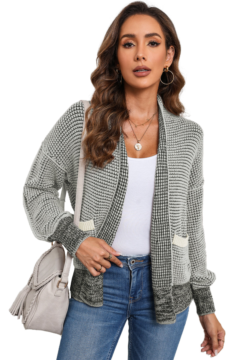 Brown Chunky Knit Pocketed Drop Sleeve Cardigan 