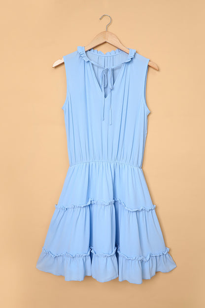 Blue Reversible Frill V Neck Sleeveless Swing Mini Dress 