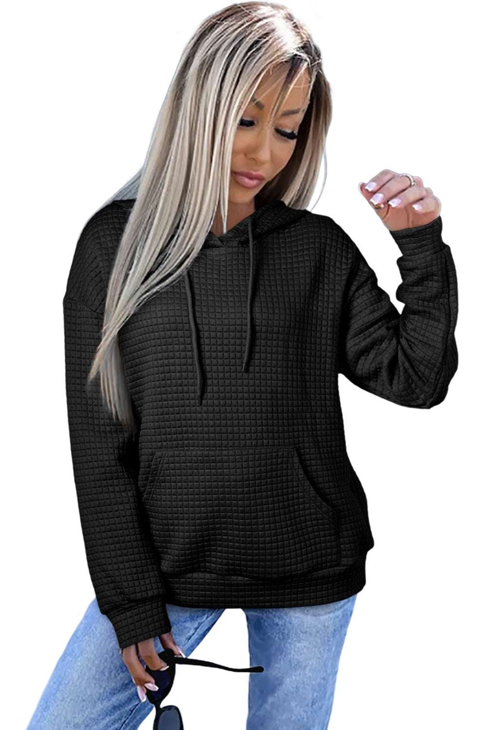 Black Lattice Textured Kangaroo Pocket Drawstring Hoodie 