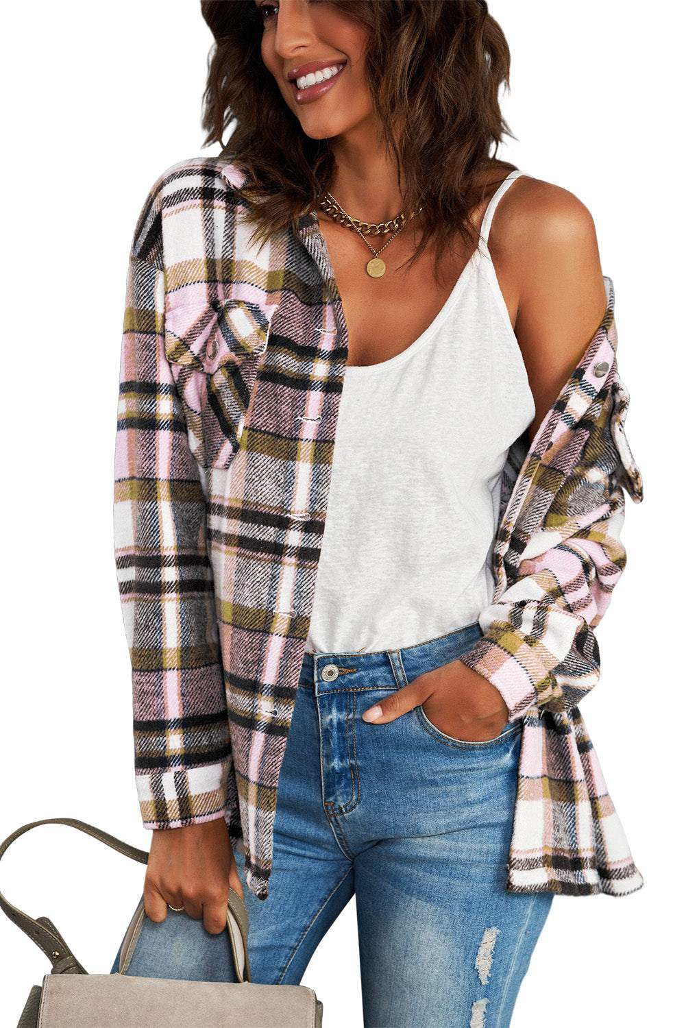 Brown Plaid Button Up Long Sleeve Flannel Shacket 