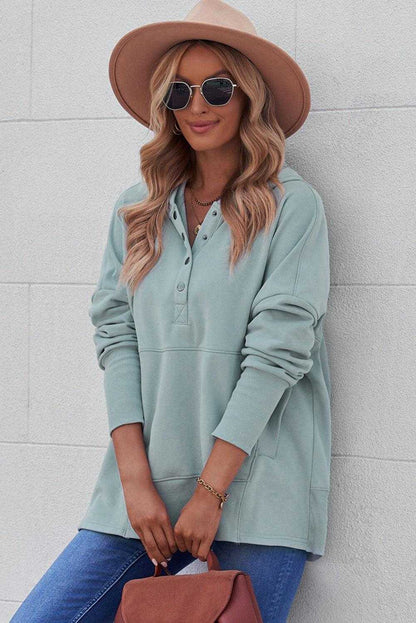 Light Blue Casual Batwing Sleeve Pocket Henley Hoodie 