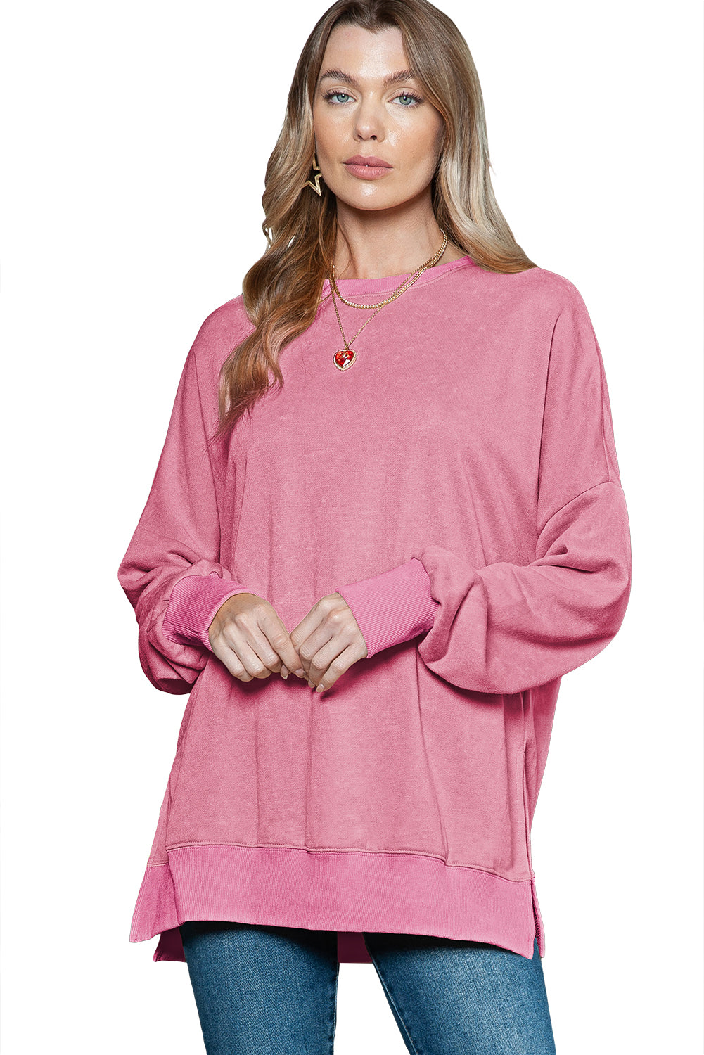 Pink Plain Drop Shoulder Ribbed Trim Oversized Sweatshirt 