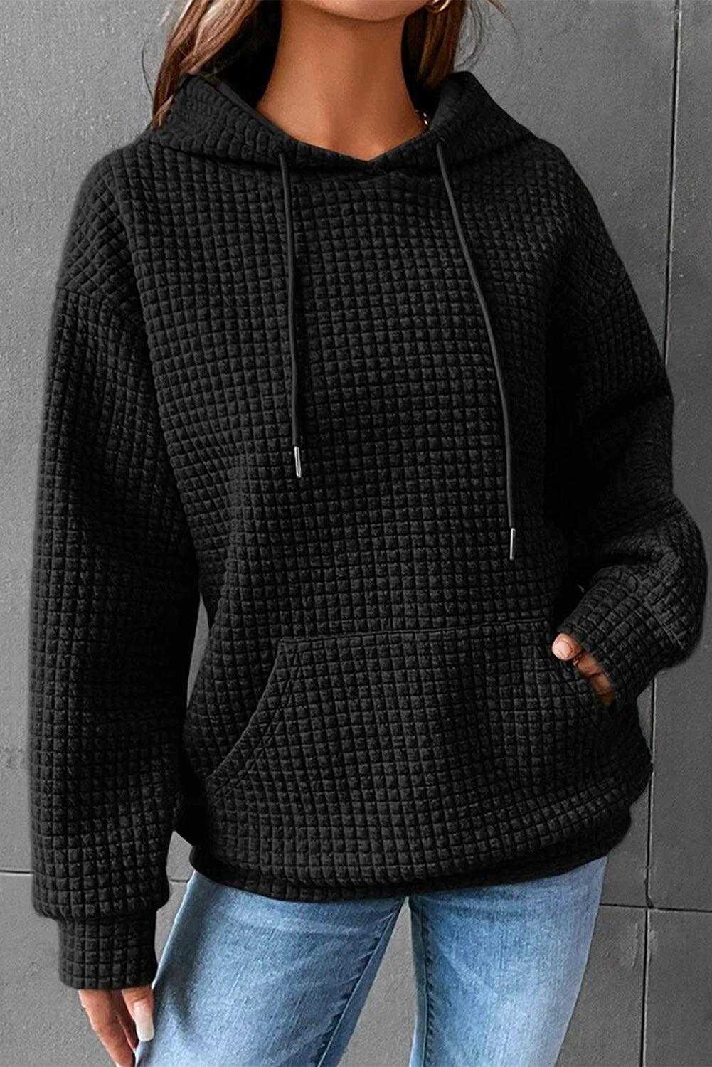 Black Lattice Textured Kangaroo Pocket Drawstring Hoodie 