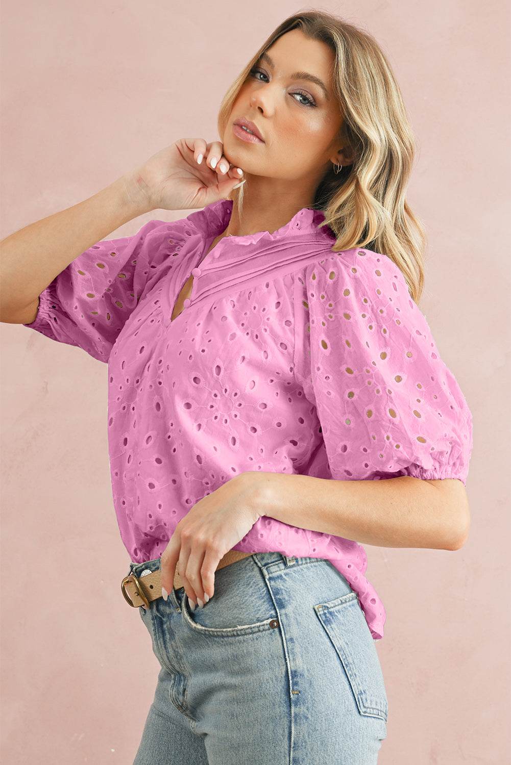 Green Flower Hollow-out Short Puff Sleeve Blouse 