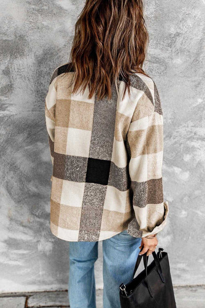 Plaid Color Block Buttoned Pocket Long Sleeve Shacket 