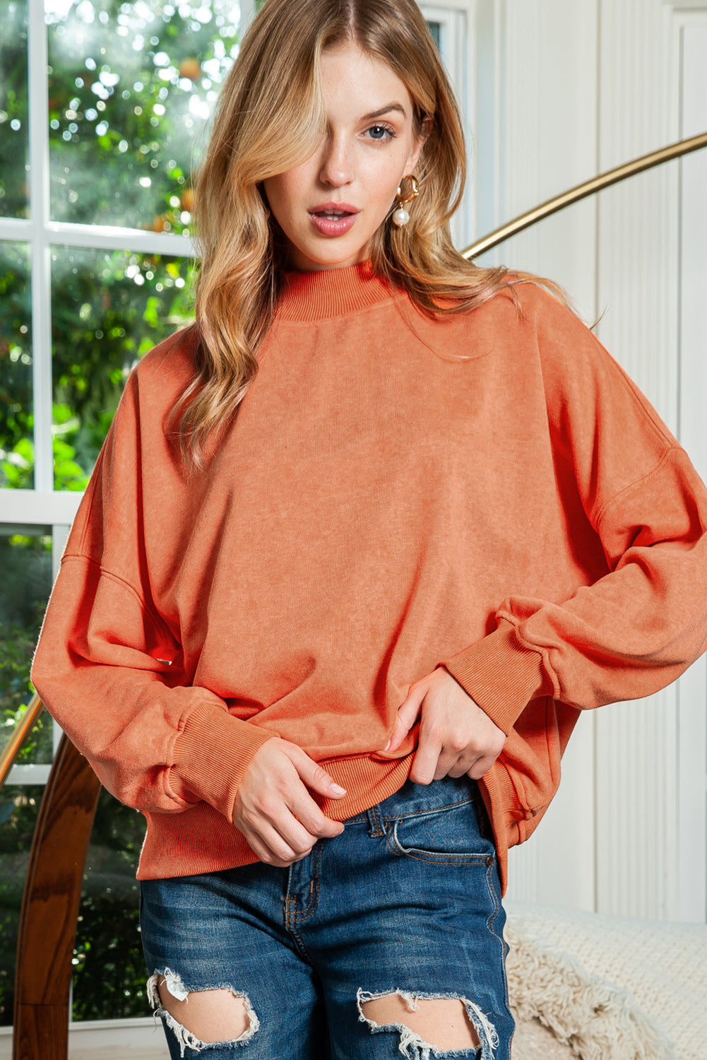 Brown Plain Drop Shoulder Crew Neck Pullover Sweatshirt 