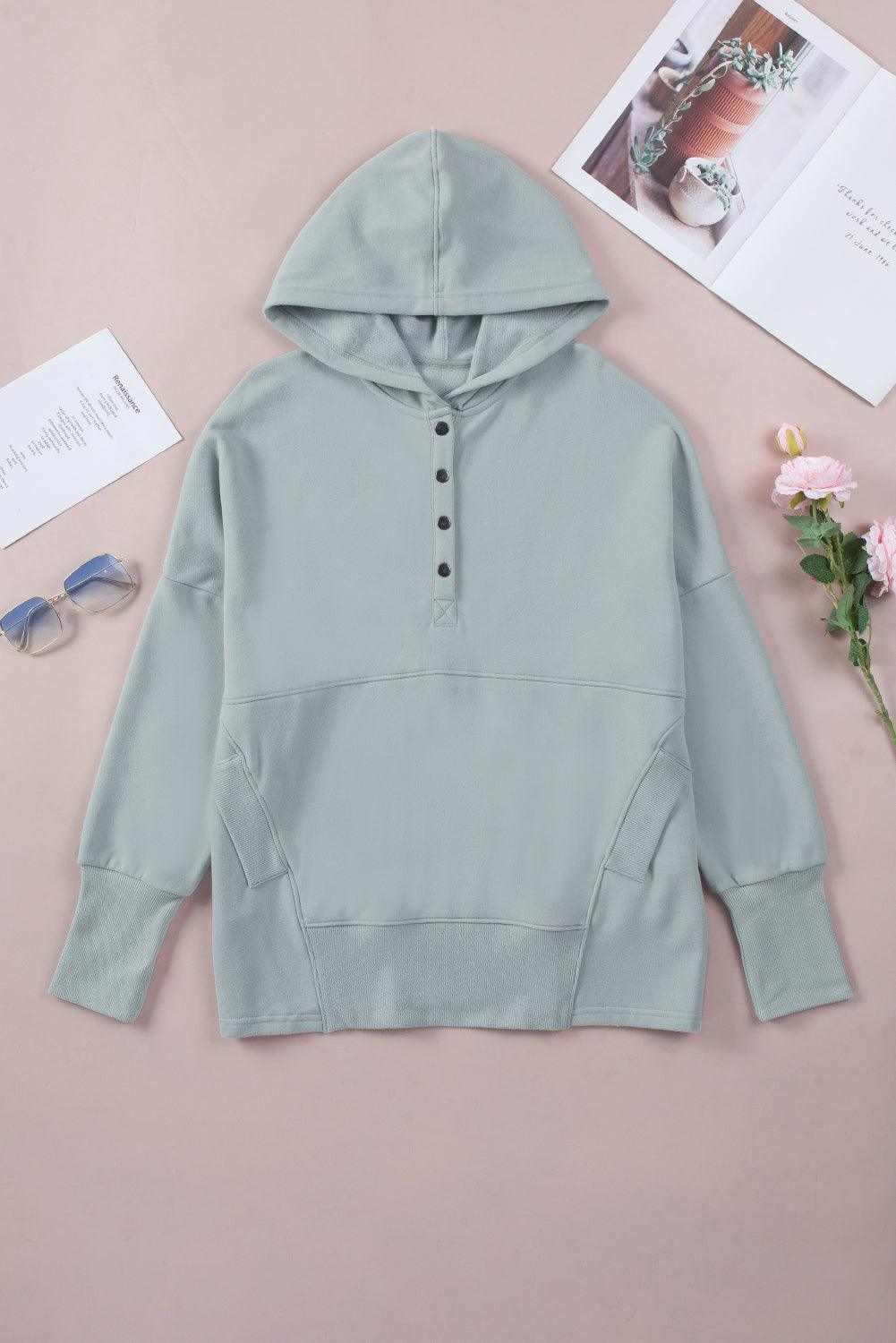 Light Blue Casual Batwing Sleeve Pocket Henley Hoodie 