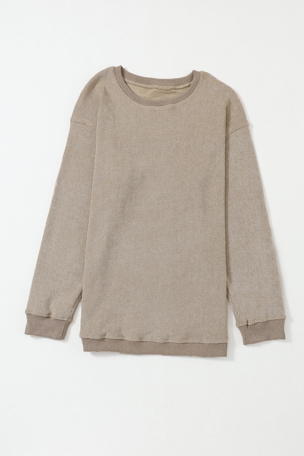 Pink Solid Ribbed Round Neck Pullover Sweatshirt 