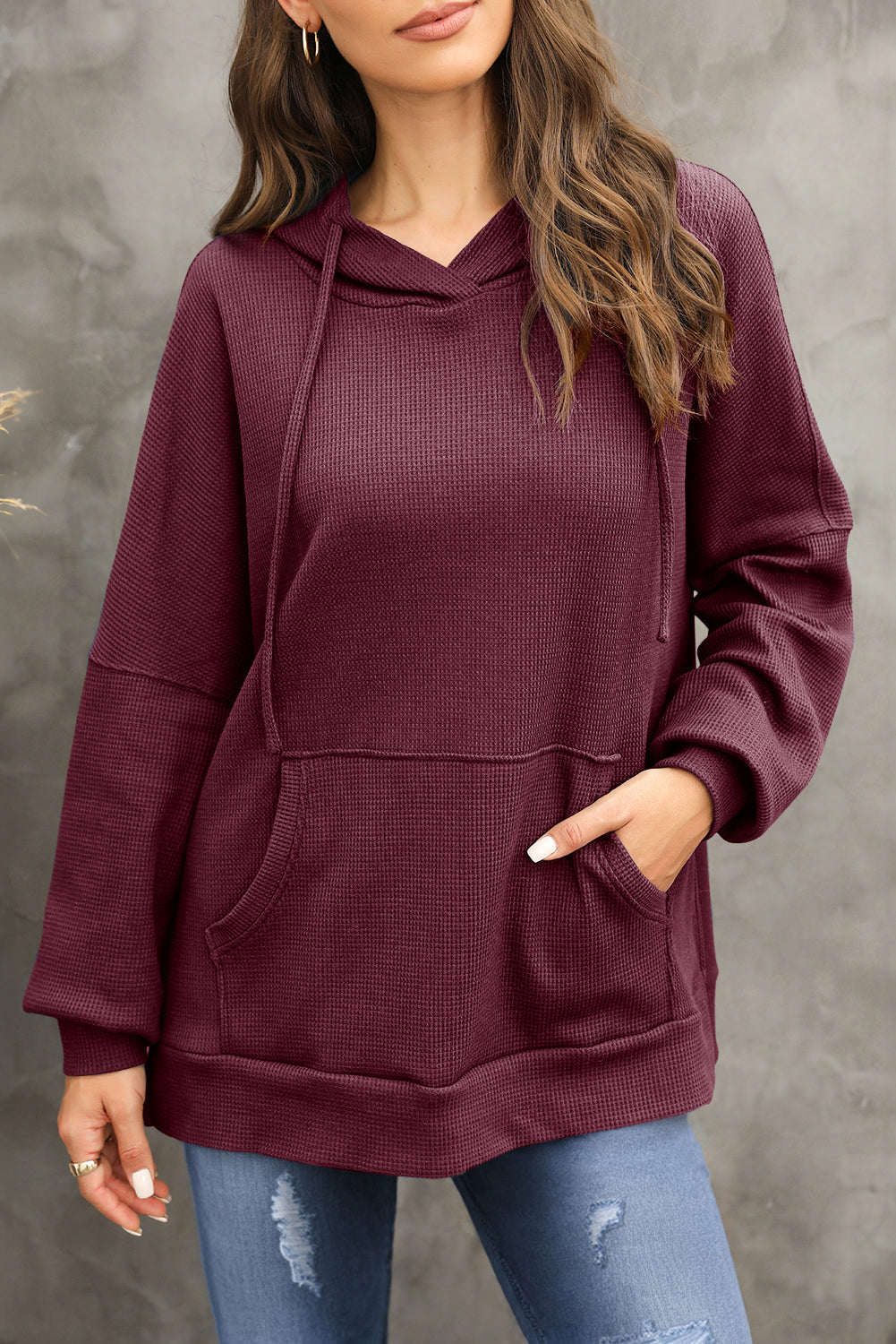 Coffee Waffle Knit High Low Oversized Hoodie 