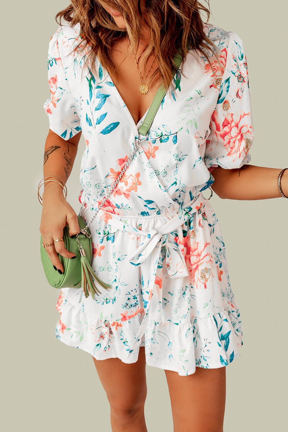White Floral Print Puff Sleeves Belted Romper - Vesteeto