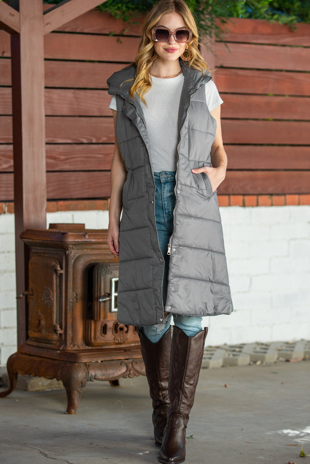 Dark Grey Hooded Pocketed Quilted Long Vest Coat 